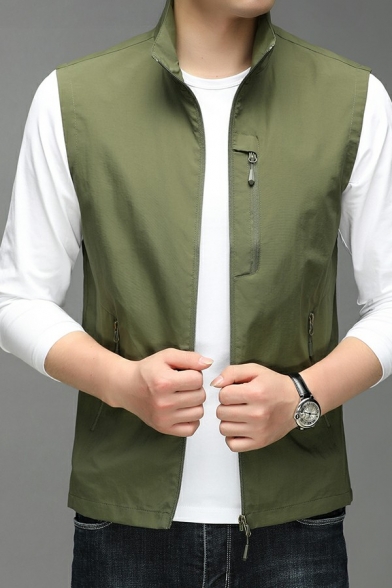 Leisure Vest Pure Color Fitted Sleeveless Stand Collar Pocket Design Zip Fly Vest for Guys