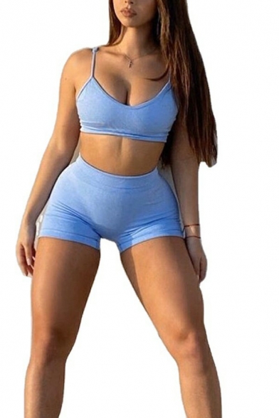 Leisure Womens Yoga Set Spaghetti Strap Pure Color Cami Tee & Shorts Two-Piece Co-ords