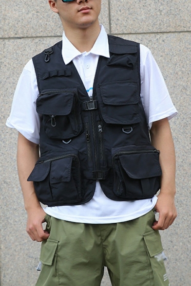 Modern Boy's Vest Plain Multi Pockets V-Neck Sleeveless Loose Fitted Button-up Vest