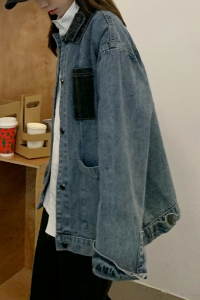 Modern Ladies Jacket Contrast Color Pocket Long Sleeve Baggy Spread Collar Denim Jacket