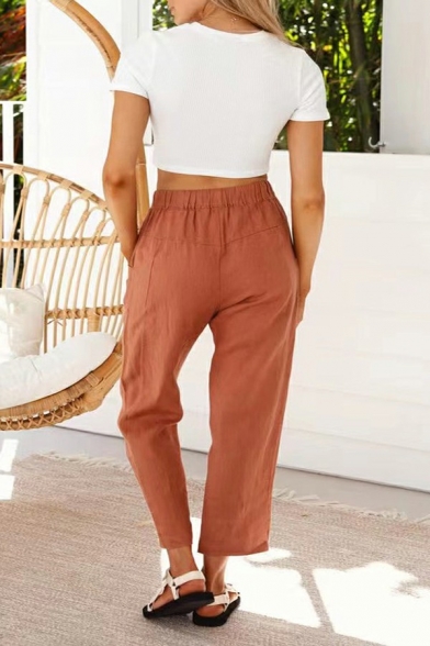 Original Ladies Pants Whole Colored Drawstring Waist Pocket Mid Rise Ankle Length Pants