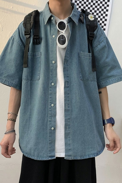 Popular Guys Denim Jacket Plain Button Closure Pocket Detail Turn-down Collar Loose Fit Denim Jacket