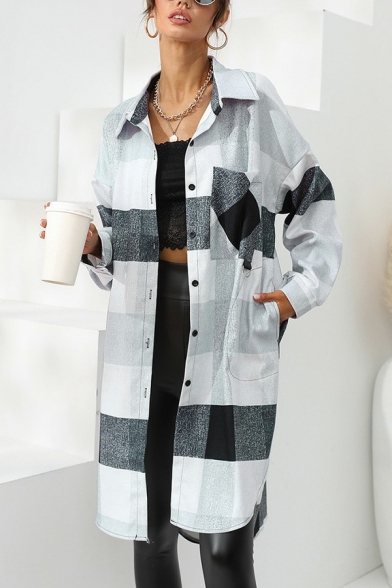 Retro Womens Jacket Plaid Spread Collar Single Breasted Long Jacket