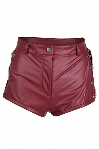 Sexy Ladies Shorts Plain PU Leather Zipper Fly Mid Waist Hollow Buckle Detail Hot Pants