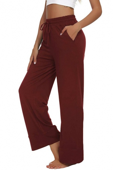 Simple Womens Pants Solid Color Drawstring Elastic Waist Loose Fit Long Straight Pants