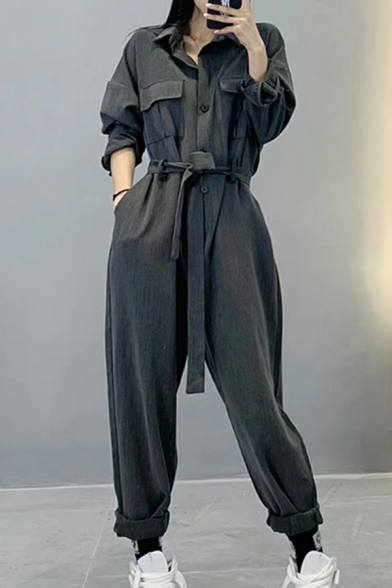 Street Look Womens Jumpsuits Plain Spread Collar Single Breasted Long Sleeve Tie Front Jumpsuits