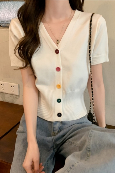 Stylish Womens Cardigan V Neck Pure Color Colorful Button Short Sleeve Slim Fit Cardigan