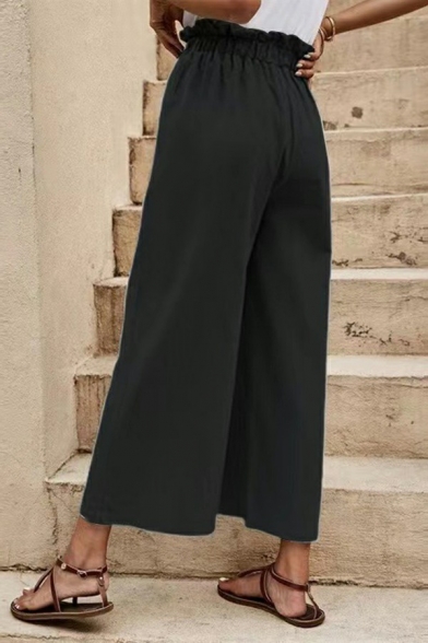 Vintage Pants Pocket Plain Mid Rise Ankle Length Drawstring Waist Palazzo Pants for Ladies