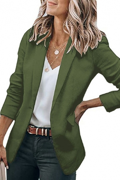 Basic Solid Color Blazer Notched Lapel Collar Single Button Slim Fit Blazer for Ladies