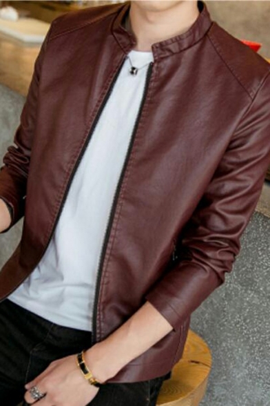 Casual Guys Jacket Pure Color Stand Collar Regular Fit Zip Fly Long Sleeves Leather Jacket