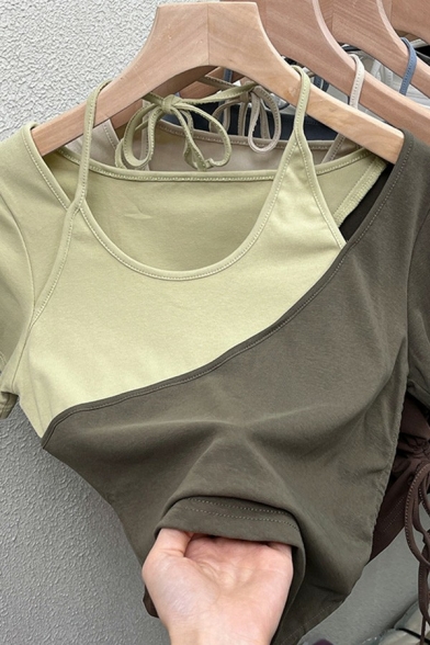 Chic Womens T-Shirt Contrast Color Round Neck Tie-Back Short Sleeve Hollow Ruched Cropped T-Shirt