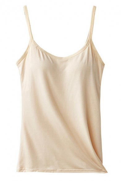 Classic Womens Cami Solid Color Spaghetti Straps Cami Top With Chest Pad