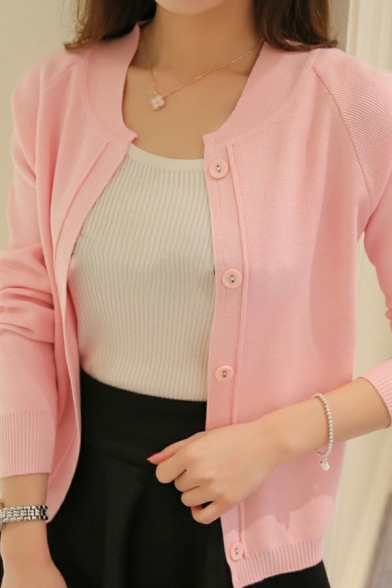 Fancy Pure Color Cardigan Round Collar Button Closure Long Sleeve Slim Fit Cardigan for Women