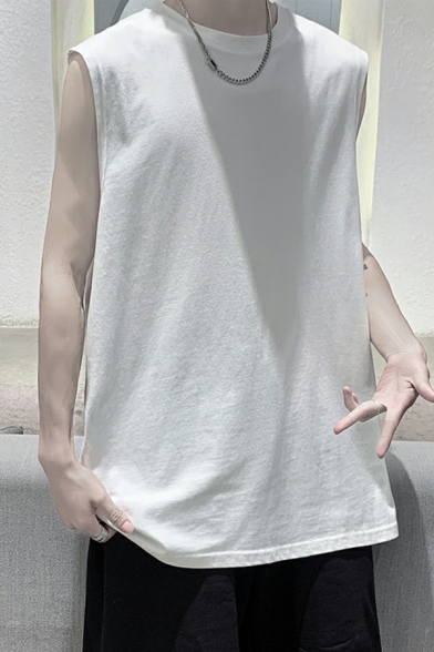 Guy's Boyish Vest Whole Colored Round Collar Loose Fit Sleeveless Tank Top