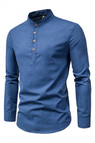 Leisure Shirt Whole Colored Long-Sleeved Stand Collar Regular Fit Button Fly Shirt for Men