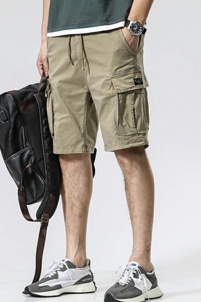 Mens Street Look Shorts Plain Drawstring Waist Mid Rise Flap Pockets Cargo Shorts