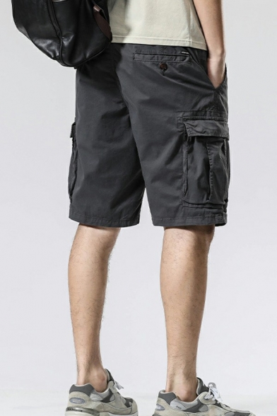 Mens Street Look Shorts Plain Drawstring Waist Mid Rise Flap Pockets Cargo Shorts
