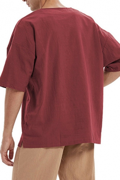 Retro Mens Plain Shirt Lace up Design Half Sleeve Regular Fitted Shirt