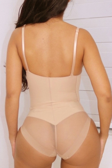 Sexy Mesh Stitching Bodysuit Plain Spaghetti Strap Deep V Neck Skinny Bodysuit for Ladies