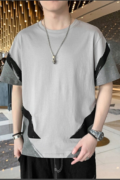 Stylish Guy's Tee Shirt Contrast Color Short Sleeve Relaxed Round Neck Tee Shirt