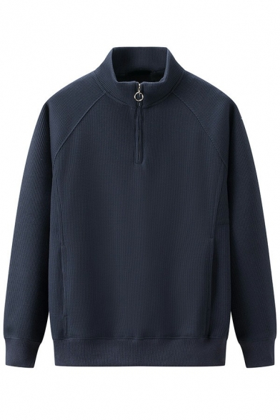 Stylish Mens Sweatshirt Pure Color Mock Neck Zip Detail Long-Sleeved Regular Fitted Sweatshirt with Pocket