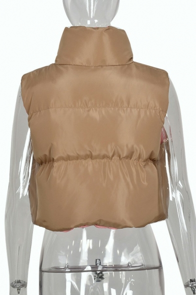 Stylish Plain Vest Pure Color Zipper Closure Drawstring Hem Spread Collar Crop Padded Vest