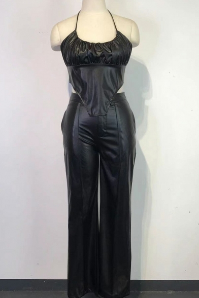 Unique Womens PU Co-ords Ruched Irregular Hem Halter Top with Zip Fly Long Straight Pants Co-ords
