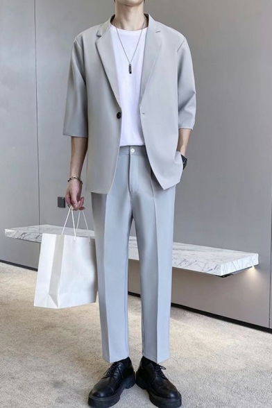 Vintage Guys Suit Blazer Plain Single Button Lapel Collar Loose Fit Suit Blazer