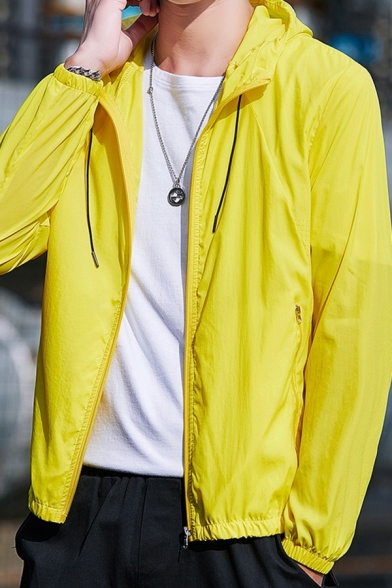 Casual Mens Drawstring Trench Coat Plain Zip Closure Pocket Detail Regular Fit Trench Coat with Hood