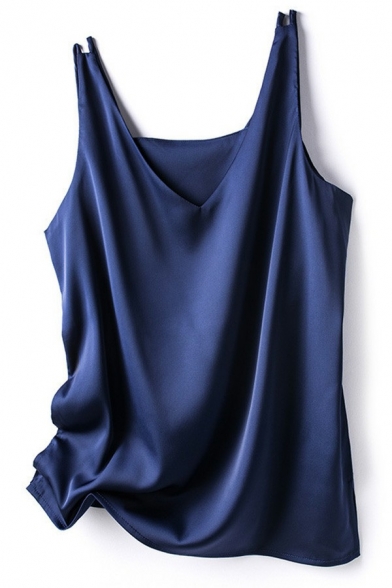 Casual Satin Cami V Neck Solid Color Cami Top for Women
