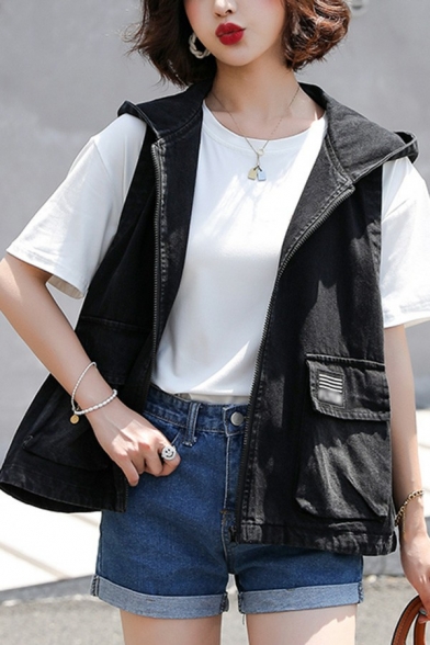 Classic Womens Hooded Vest Zipper Placket Flap Pockets Loose Fit Denim Vest with Washing Effect