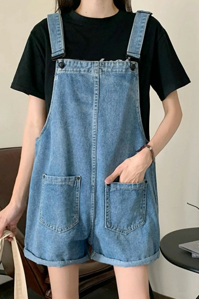 Leisure Womens Overalls Plain Rolled Cuffs Loose Fit Short Denim Overalls with Pockets