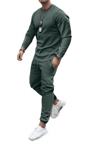 Men Urban Set Plain Crew Collar Regular Long Sleeve Sweatshirt with Drawcord Pants Co-ords