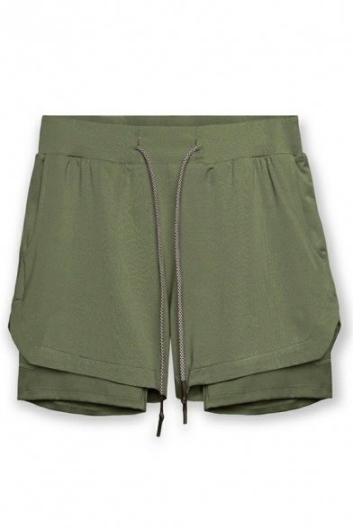 Sporty Mens Shorts Plain Fake Two Piece Drawstring Waist Mid Rise Regular Fit Shorts