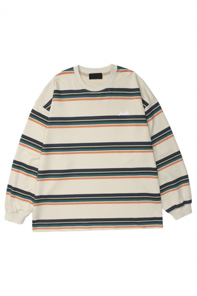 Stylish Guys Sweatshirt Stripe Print Round Neck Long Sleeve Loose Fit Sweatshirt