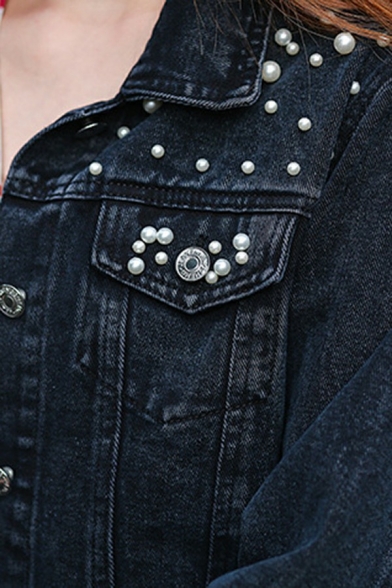 Stylish Ladies Jacket Plain Beading Spread Collar Single Breasted Chest Pockets Long Sleeve Denim Jacket