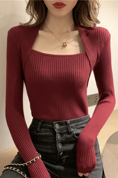 Stylish Ladies Sweater Plain Square Neck Long Sleeve Sweater
