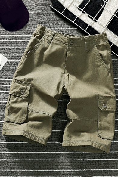 Stylish Mens Shorts Pure Color Button Placket Mid Rise Straight Fit Shorts with Pocket