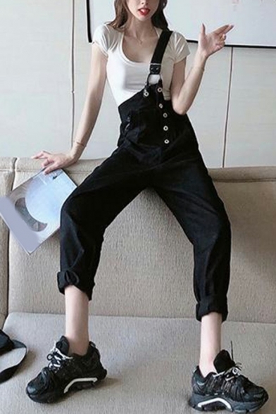 Stylish Womens Overalls Solid Color One Shoulder Button Detail Regular Fit Overalls