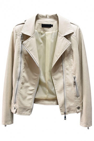 Stylish Womens PU Jacket Notched Lapel Collar Solid Color Zip Closure PU Jacket