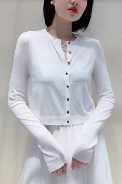 Trendy Ladies Cardigan Solid Color Button Placket Round Neck Long Sleeve Regular Fit Crop Cardigan