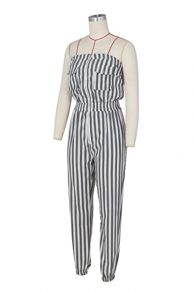 Trendy Ladies Jumpsuits Striped Printed Zip Up Strapless Sleeveless Jumpsuits
