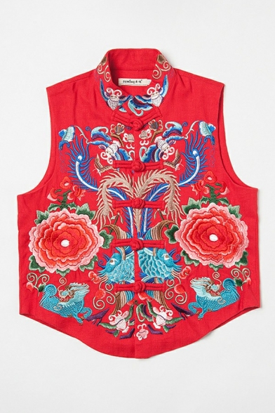 Vintage Womens Vest Flowers Tribal Print Embroidery Buckle Button Cropped Vest