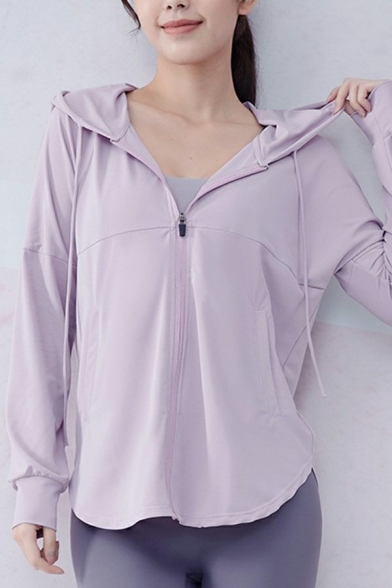 Workout Womens Jacket Zipper Up Solid Color Quick Dry Curved Hem Long Sleeve Hooded Jacket