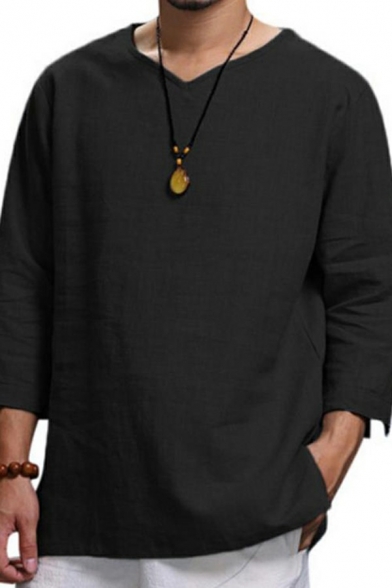 Casual T-Shirt Pure Color 3/4 Sleeve V-Neck Regular Fit T-Shirt for Men