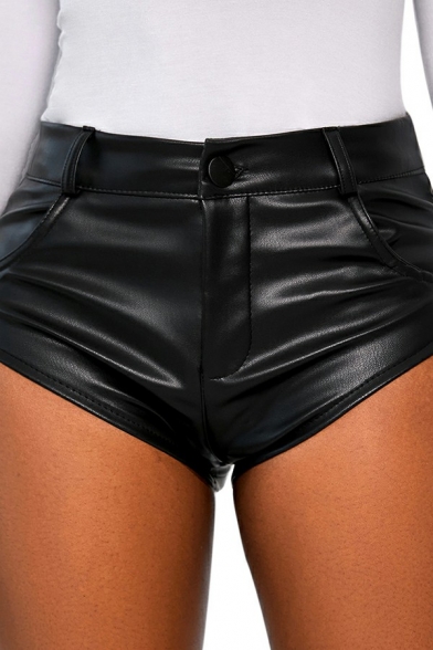 Chic Ladies Shorts Plain PU Leather Zipper Fly High Waist Hot Pants