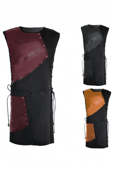 Chic Mens Drawstring Vest Round Neck Color Block Splicing Design Regular Fit Vest