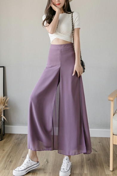 Chic Pants Pure Color High Rise Loose Split Front Ankle Length Skirt Pants for Girls