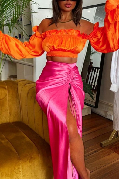 Couture Satin Skirt Pure Color Elastic Waist Ruched Split Side Maxi Skirt for Women