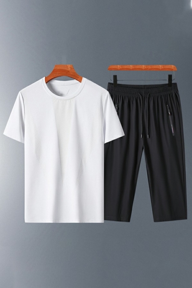 Fashionable Mens Co-ords Contrast Color Round Neck Short Sleeve T-Shirt Drawstring Cropped Pants Two Piece Set